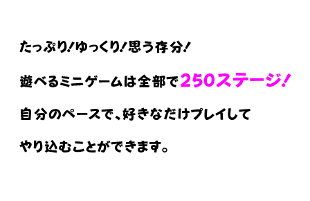 たっぷり！ゆっくり！思う存分！ 遊べるミニゲームは全部で250ステージ！ 自分のペースで、好きなだけプレイしてやり込むことができます。