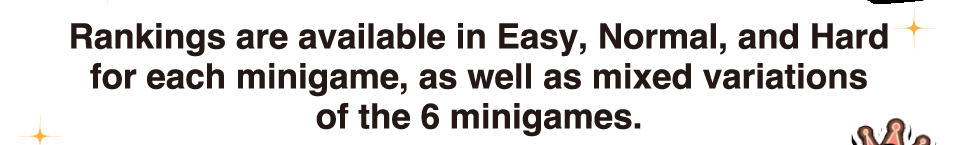 Rankings are available in Easy, Normal, and Hard for each minigame, as well as mixed variations of the 6 minigames.