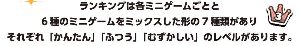 ランキングは各ミニゲームごとと6種のミニゲームをミックスした形の7種類がありそれぞれ「かんたん」「ふつう」「むずかしい」のレベルがあります。