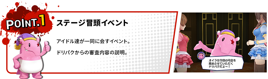 POINT1 ステージ冒頭イベント アイドル達が一同に会すイベント。ドリパクからの審査内容の説明。