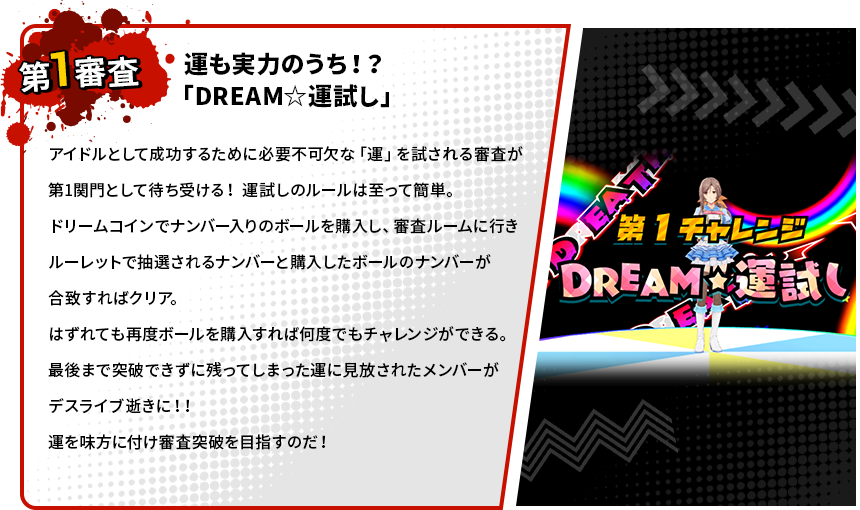 第1審査 運も実力のうち！？「DREAM☆運試し」 アイドルとして成功するために必要不可欠な「運」を試される審査が 第1関門として待ち受ける！運試しのルールは至って簡単。ドリームコインでナンバー入りのボールを購入し、審査ルームに行きルーレットで抽選されるナンバーと購入したボールのナンバーが合致すればクリア。はずれても再度ボールを購入すれば何度でもチャレンジができる。最後まで突破できずに残ってしまった運に見放されたメンバーが デスライブ逝きに！！運を味方に付け審査突破を目指すのだ！