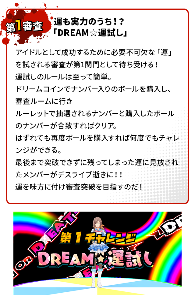 第1審査 運も実力のうち！？「DREAM☆運試し」 アイドルとして成功するために必要不可欠な「運」を試される審査が 第1関門として待ち受ける！運試しのルールは至って簡単。ドリームコインでナンバー入りのボールを購入し、審査ルームに行きルーレットで抽選されるナンバーと購入したボールのナンバーが合致すればクリア。はずれても再度ボールを購入すれば何度でもチャレンジができる。最後まで突破できずに残ってしまった運に見放されたメンバーが デスライブ逝きに！！運を味方に付け審査突破を目指すのだ！