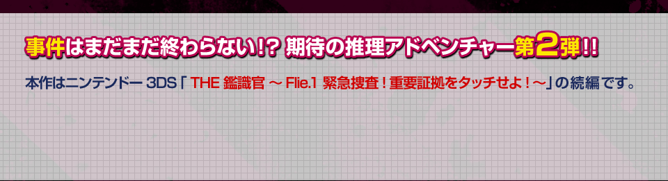 事件はまだまだ終わらない！？期待の推理アドベンチャー第2弾！！本作はニンテンドー3DS『@SIMPLE DLシリーズ Vol.21 THE 鑑識官 ～Flie.1 緊急捜査!重要証拠をタッチせよ!～』の続編です。