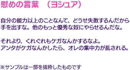 自分の能力以上のことなんて、どうせ失敗するんだから手を出すな。他のもっと優秀な奴にやらせるんだな。それより、くれぐれもケガなんかするなよ。アンタがケガなんかしたら、オレの集中力が乱される。　※サンプルは一部を抜粋したものです