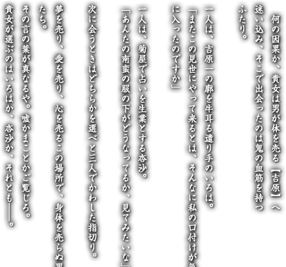 何の因果か、貴女は男が体を売る【吉原】へ迷い込み、そこで出会ったのは鬼の血筋を持つふたり。