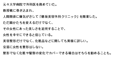 元々大学病院で外科医を務めていた。教授戦に巻き込まれ、人間関係に嫌気がさして「穂坂美容外科クリニック」を開業した。ただ顔かたちを変えるだけでなく、その女性にあった美しさを追究することで、女性を幸せにできると信じている。