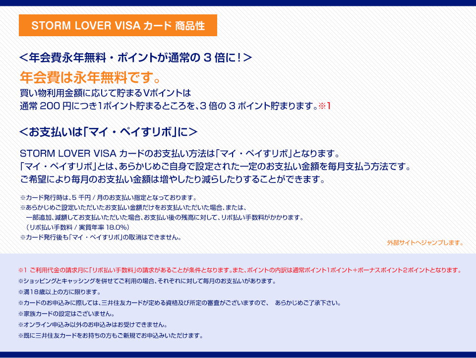 ＜STORM LOVER VISAカード商品性＞年会費永年無料・ポイントが通常の3倍に！