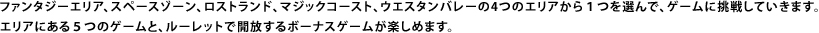 ファンタジーエリア、スペースゾーン、ロストランド、マジックコースト、ウエスタンバレーの4つのエリアから１つを選んで、ゲームに挑戦していきます。エリアにある５つのゲームと、ルーレットで開放するボーナスゲームが楽しめます。