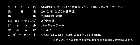 SIMPLE シリーズ for Wii U Vol.1 THE ファミリーパーティー、2012 年12 月20 日予定、2,940 円（税込）、A（全年齢）、パーティーゲーム、1～4 人、©ART Co., Ltd. ©2012 D3 PUBLISHER. All rights reserved.