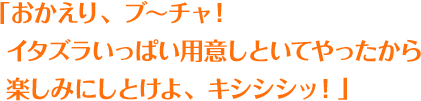 「おかえり、ブ～チャ！イタズラいっぱい用意しといてやったから 楽しみにしとけよ、キシシシッ！」