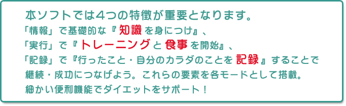 本ソフトでは4つの特徴が重要となります。
「情報」で基礎的な『知識を身につけ』、
「実行」で『トレーニングと食事を開始』、
「記録」で『行ったこと・自分のカラダのことを記録』することで継続・成功につなげよう。
これらの要素を各モードとして搭載。細かい便利機能でダイエットをサポート！